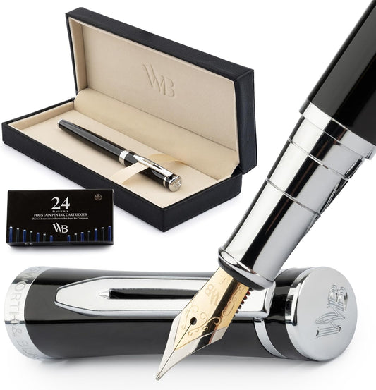 Wordsworth & Black Fountain Pen Set, Fine Nib, Includes 24 Pack Ink Cartridges, Ink Refill Converter & Gift Box, Chrome Finish, Calligraphy, [Black Chrome], Perfect for Men & Women