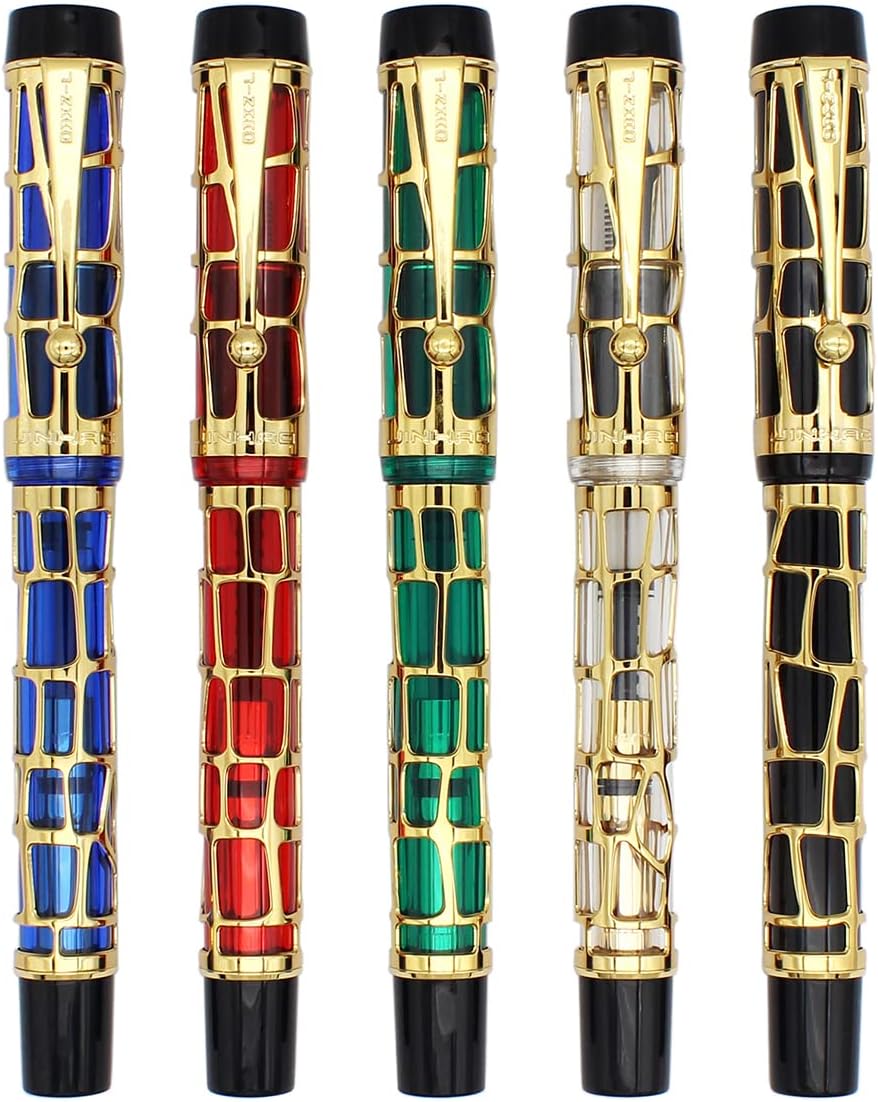 Gullor Century 100 Fountain Pen, Skeleton Hollow-out Series Golden, Screw-Cap, Fine Nib, Transparent