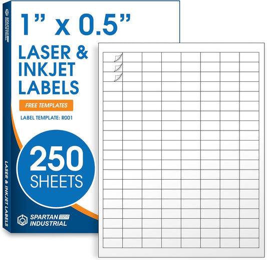 1" X 0.5" Matte White Printable Labels Compatible with Inkjet and Laser Printers - 250 Sheets, 40000 Small Stickers for Barcodes, Product Labeling, Inventory - Spartan Industrial
