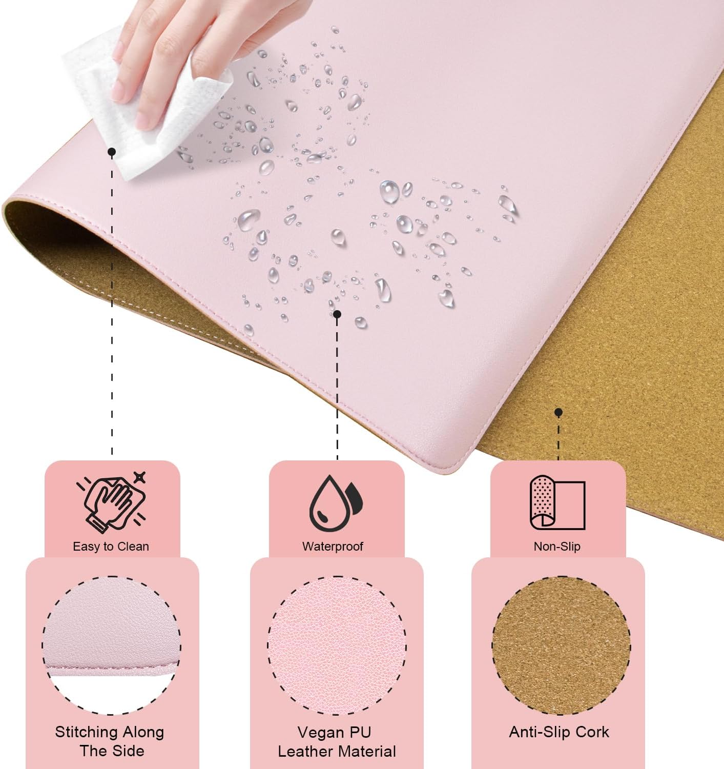 Large Non-Slip PU Leather Office Mat for Home & Office, 55'' x 17'' - Laptop Desk Blotter Pad for Mouse and Keyboard, Pink