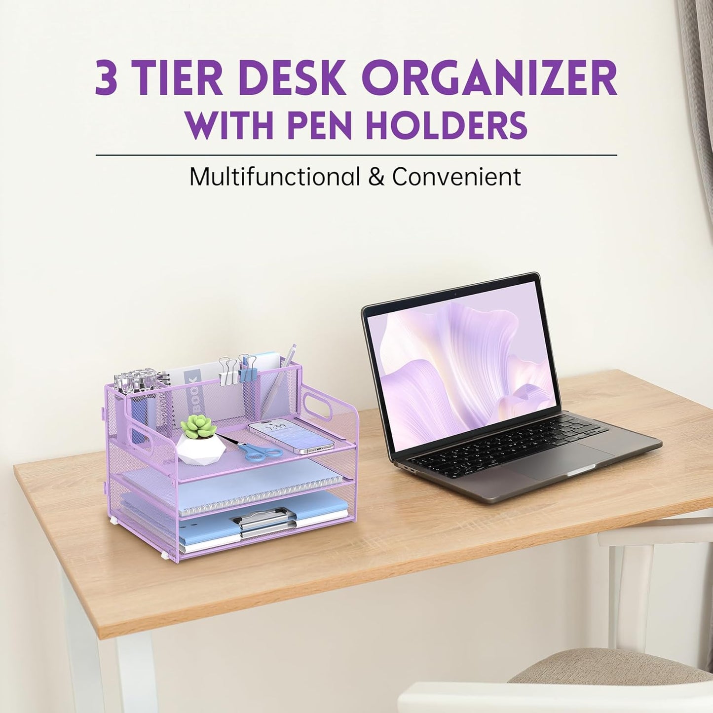 SUPEASY 3 Tier Desk Organizer with Handle & 3 Pen Holders, Mesh Paper/File Organizer for Desk, Paper Letter Tray Organizer for Office Supplies (Light Purple)