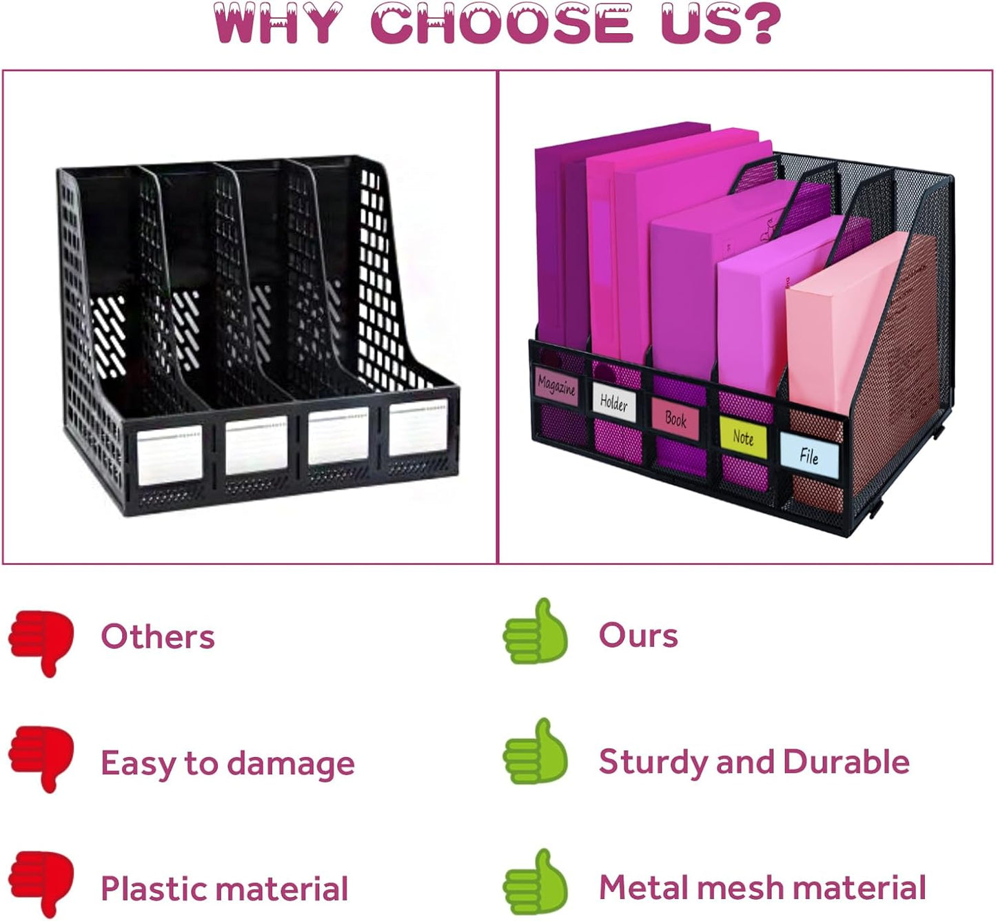 Desk Organizers, Metal Magazine File Holder with 5 Vertical Compartments Rack Binder File Organizer for Office Supplies, Home Workspace - Black