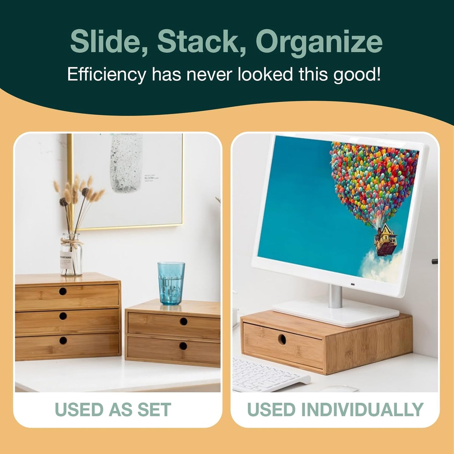 Set of 3 Bamboo Organizer Desktop Drawers - 1, 2, 3 Drawer Storage Organizer Ideal for Desk Accessories, Office Supplies, Makeup Storage & More - Tabletop Wood Box Stackable Drawers