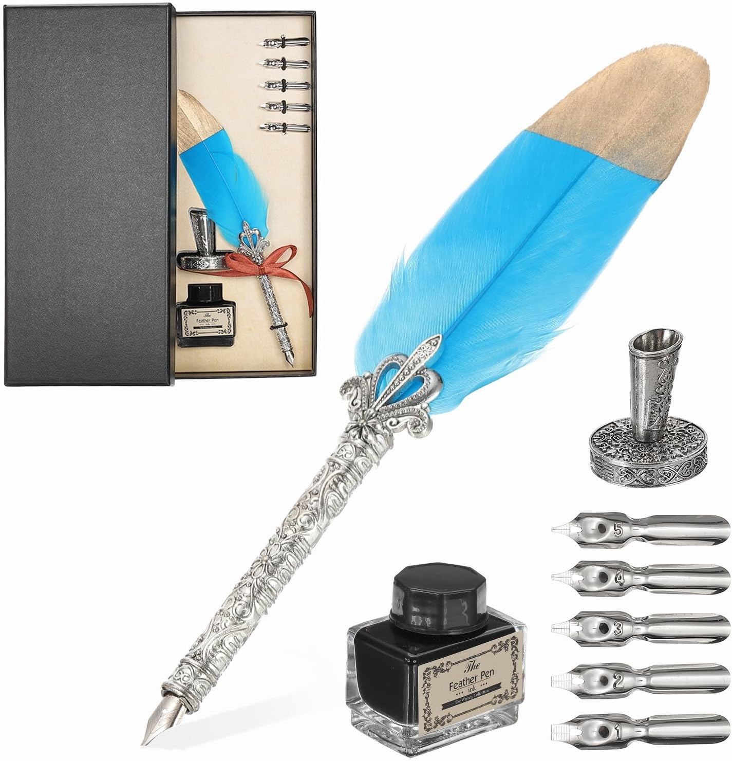 PATIKIL Feather Quill Pen Set, 1 Set Vintage Feather Calligraphy Pen Fountain Dip Pen Set with Ink, Pen Holder and Replacement Nibs for Beginner Writer Writing Gift, Sky Blue