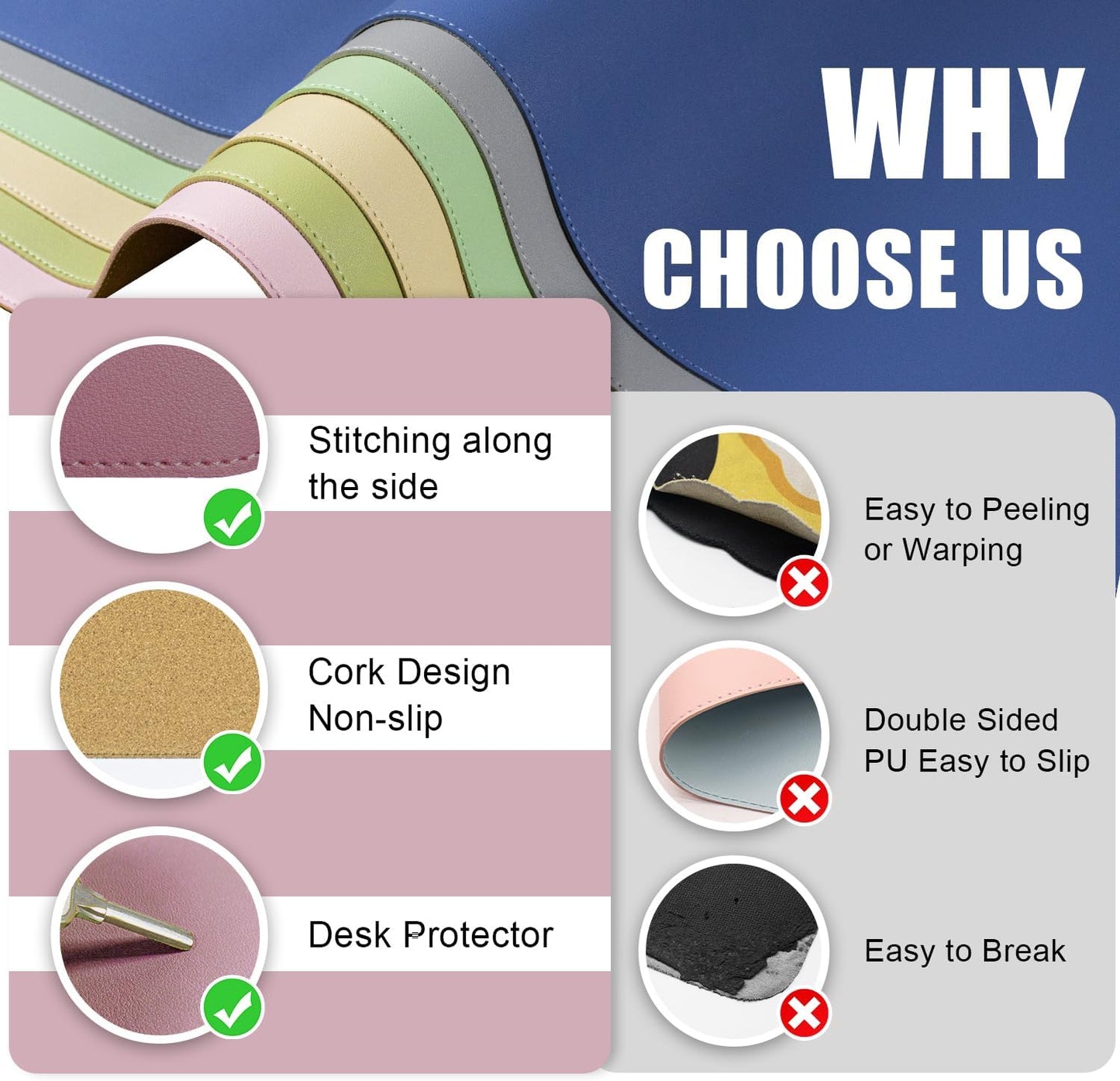 PU Leather & Cork Desk Blotter, Office & Home (Purple Pink) - Non-Slip Keyboard & Mouse Mat, 47.2" x 17"