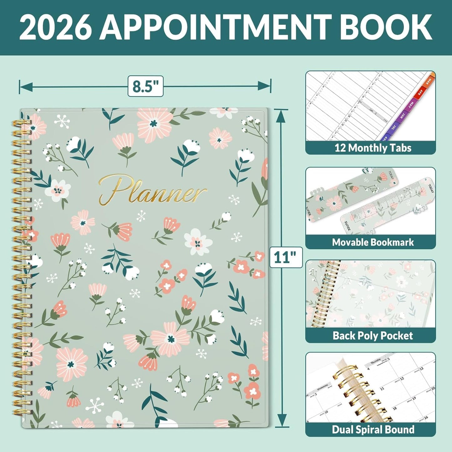 SUNEE 2026 Appointment Book, Quarter-Hourly, Weekly & Monthly - from January 2026 - December 2026, 8.5"x11" Weekly Planner, Flexible Cover, Note Pages, Pockets, Bookmark, Green Wildflowers