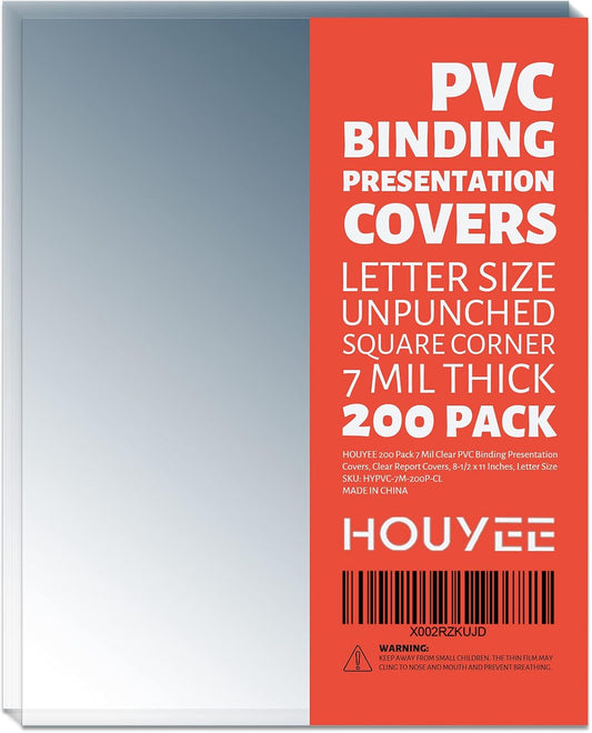 HOUYEE 200 Pack 7 Mil PVC Binding Presentation Covers, Clear Report Covers for Binding,8-1/2 x 11 Inches, Letter Size