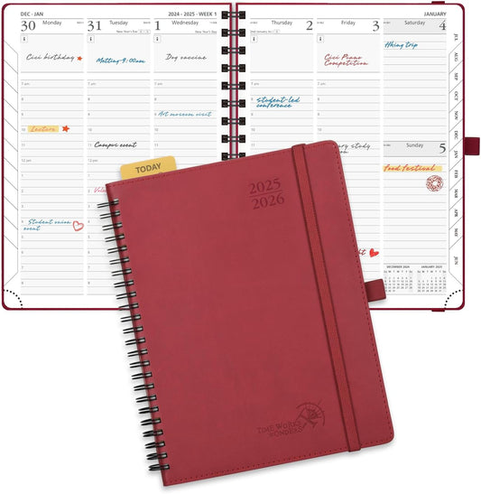 POPRUN Planner 2025-2026 (Medium - 6.5'' x 8.5'') Academic Weekly Calendar (July 2025 - June 2026) with Hourly Time Slots, Monthly Tabs, 100GSM Thick Papers, Spiral Leather Cover - Burgundy Red