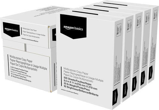 Amazon Basics Multipurpose Copy Printer Paper, 20 lb, 8.5 x 11 Inches, 5 Reams (2,500 Sheets), 92 Bright, White