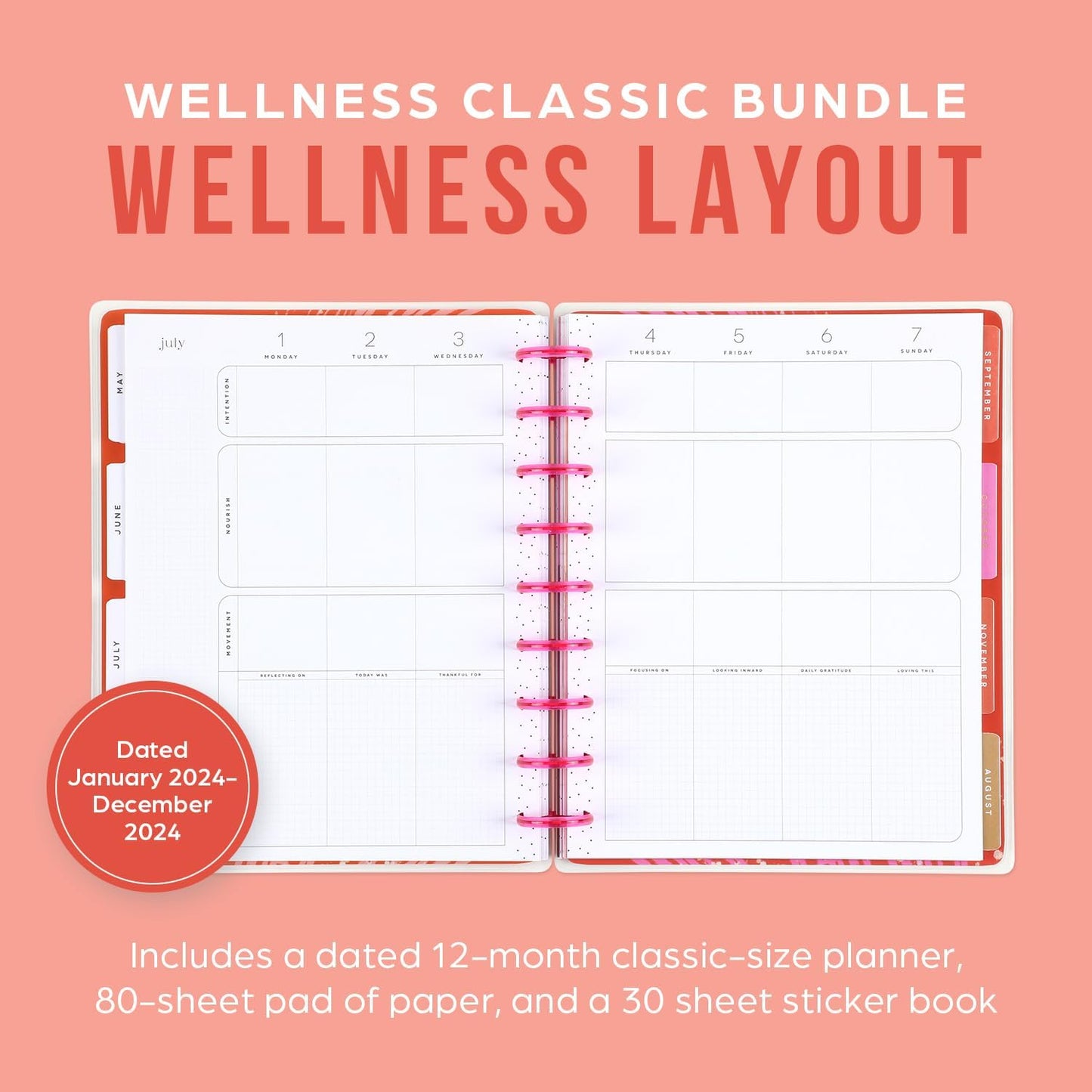 Happy Planner 12 Month Planner Box Bundle– Jan 2024 – Dec 2024 – Wellness Layout – Includes 12 Month Dated Classic Size Planner, Filler Paper & 30 Sheet Sticker Book – Organic Wellness Theme