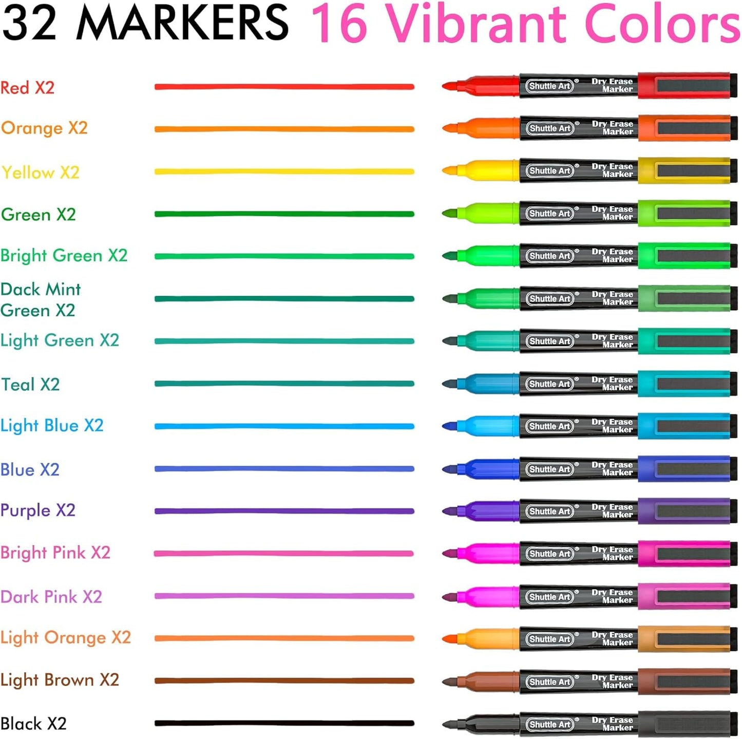 Shuttle Art Dry Erase Markers, 32 Pack 16 Colors Magnetic Whiteboard Markers with Erase, Fine Point Dry Erase Markers Perfect For Writing on Whiteboards,Mirrors for School Office Home