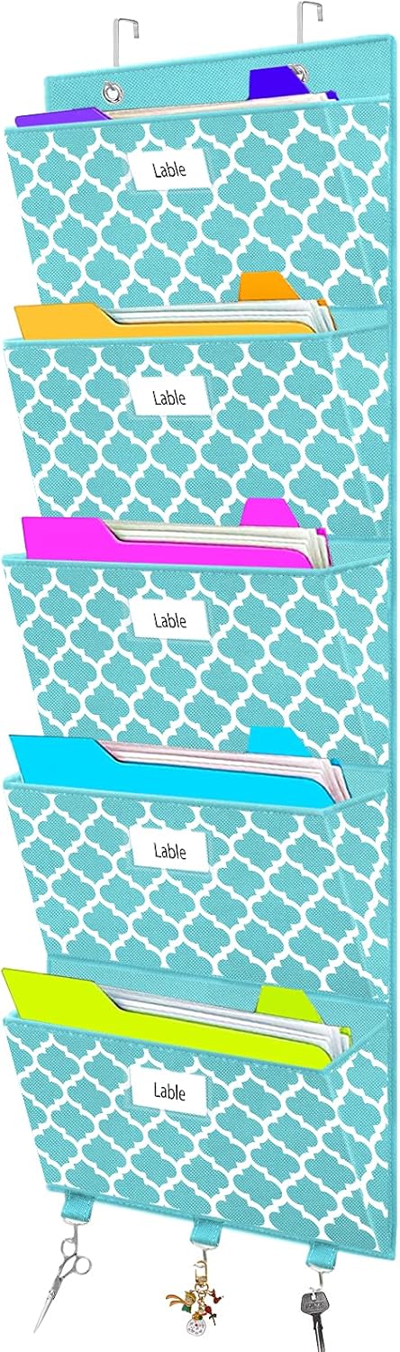 Over the Door File Organizer, Hanging File Folders, Wall Organizers and Storage for Mail, Magazine, Notebooks, Planners, Office, Classroom, 5 Extra Large Pockets, 50.39” Tall (Blue Lantern Pattern)
