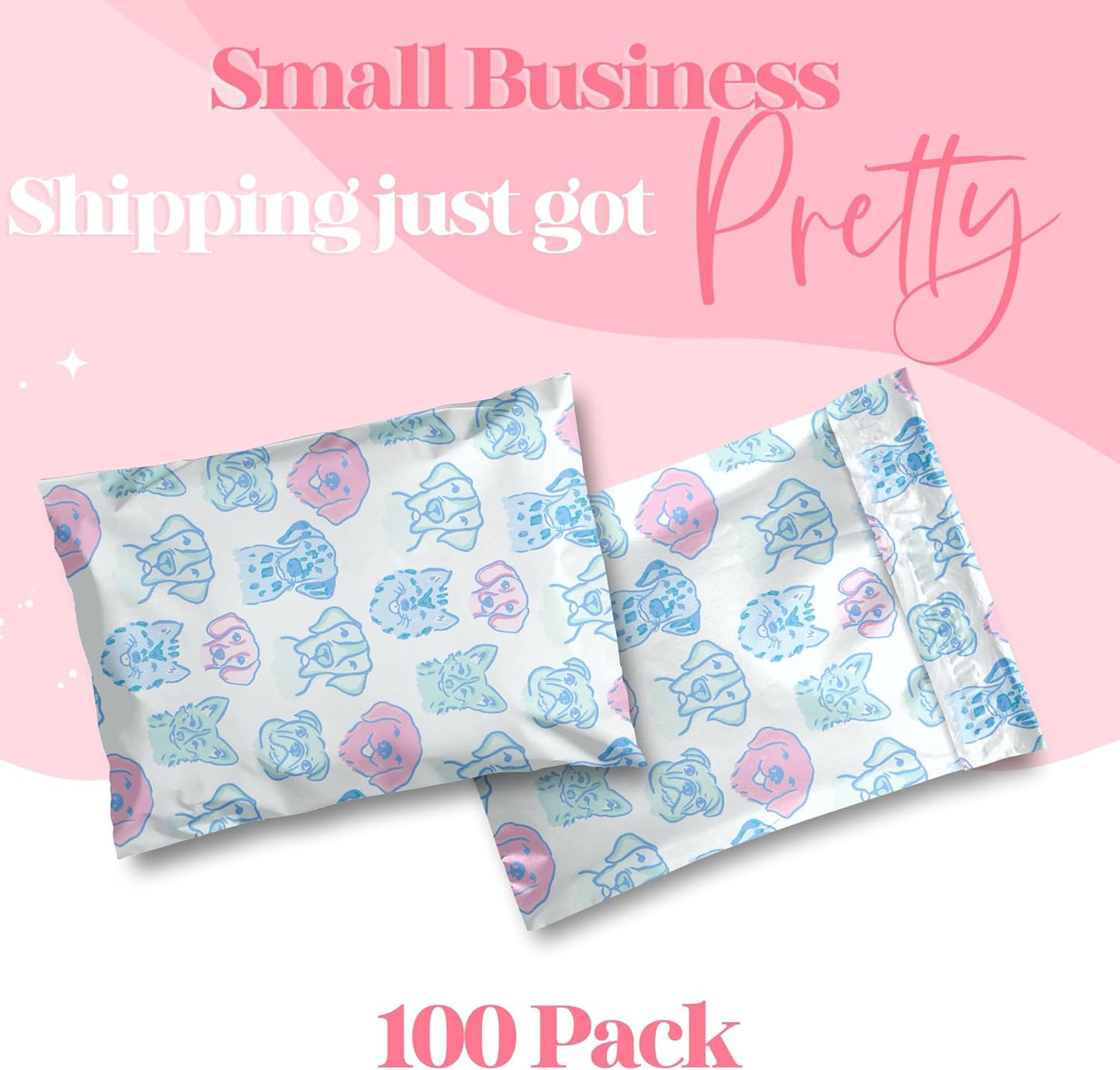 10x13 Designer Poly Mailer 100 Pack Heavy Duty Waterproof Self Seal Shipping Bags for Small Business Large Mailing Envelopes Bulk Tear Resistant Packaging Pretty Pups Puppy Dogs