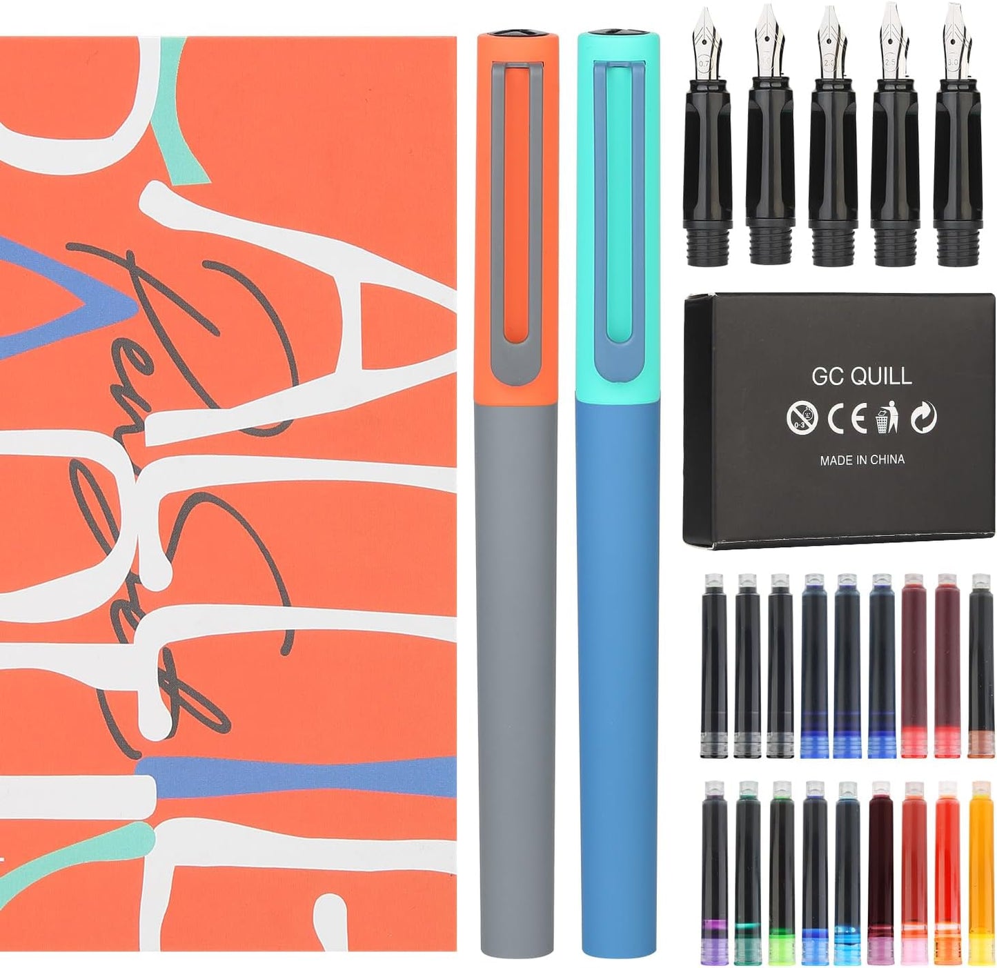 GC QUILL Calligraphy Fountain Pen Set - 5 Different Nibs and 18 Ink Cartridges, Calligraphy Set for Beginners - MU-20