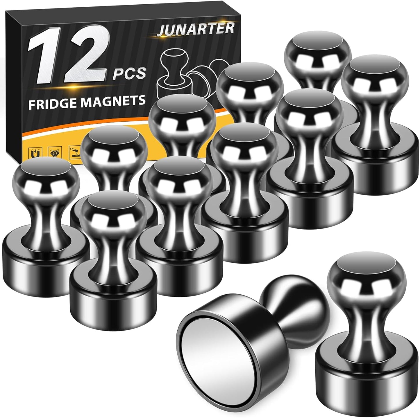 12 Pack Magnetic Push Pins, Black Strong Fridge Magnets, Whiteboard Magnets, Refrigerator Magnets Strong, Dry Erase Board Magnets for Fridge, Whiteboard, Office, Classroom, Kitchen, Map