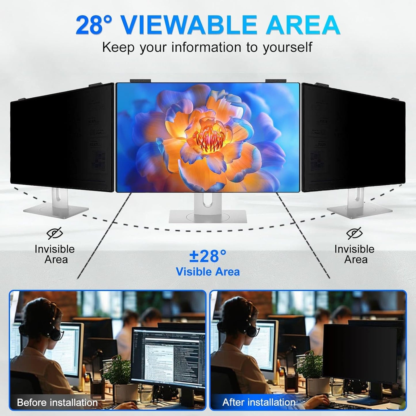 Magnetic 24 Inch Privacy Screen for Computer Monitor 16:9 Aspect Ratio, Hanging Removable Anti-Blue/Glare Protector Film, Anti Spy Desktop Security Private Filter 24in