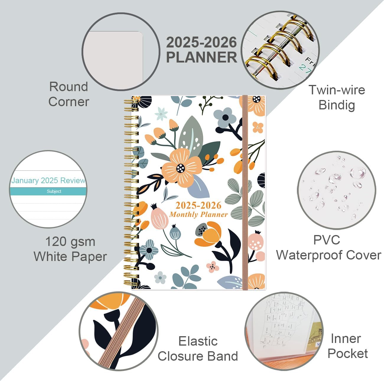 2025-2026 Monthly Planner - July 2025 - December 2026, Two Pages Per Month, 18 Monthly Calendar/Planner with Tabs, Strong Twin-Wire Binding, Inner Pocket, 6.4" x 8.5", Rose Flowers