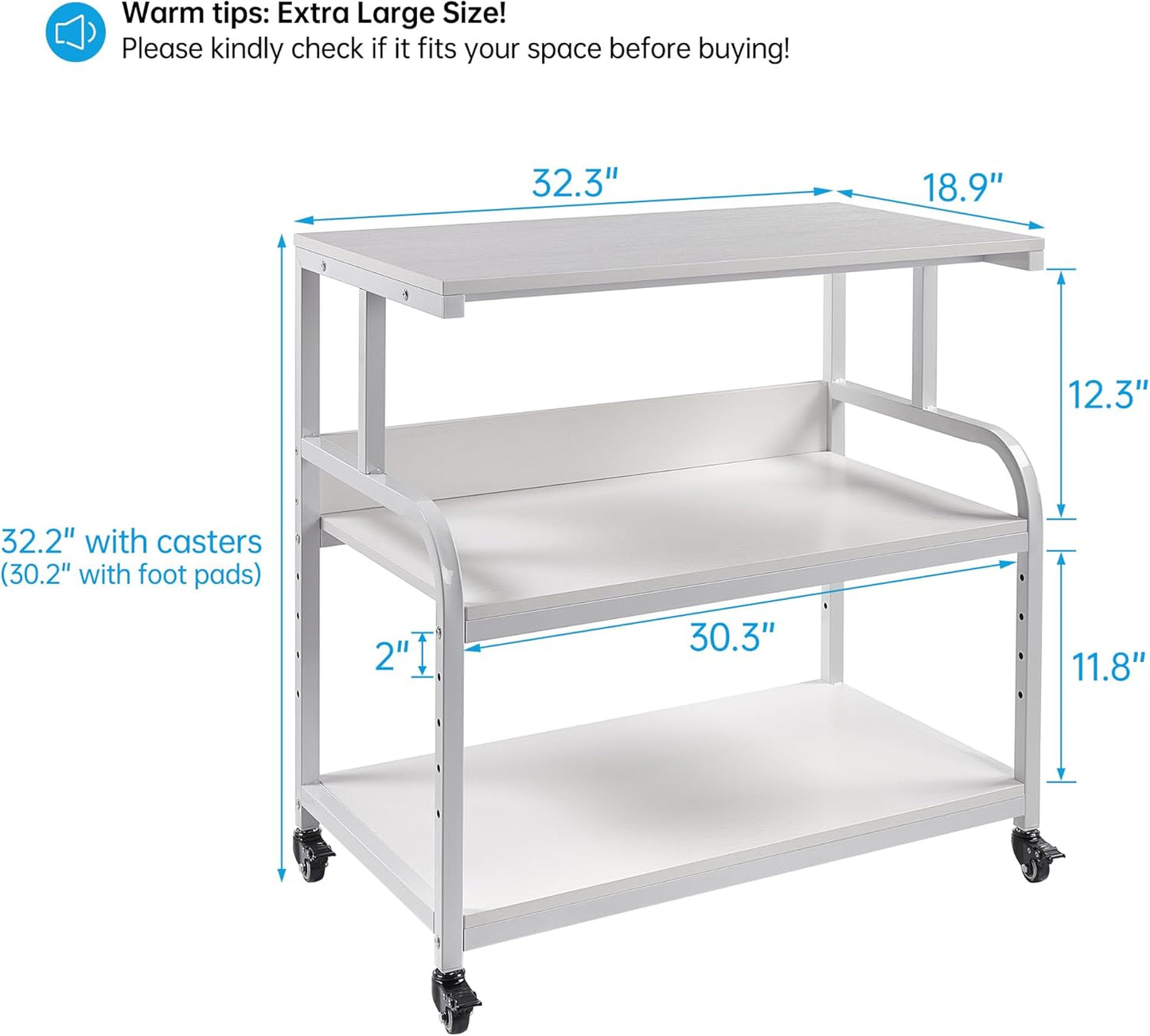 Printer Stand, 32.3" x 18.9" x 32.1" Extra Large Printer Table with Adjustable Storage Shelf, 3 Tier Rolling Printer Cart with Industrial Wheels for Home Office, White