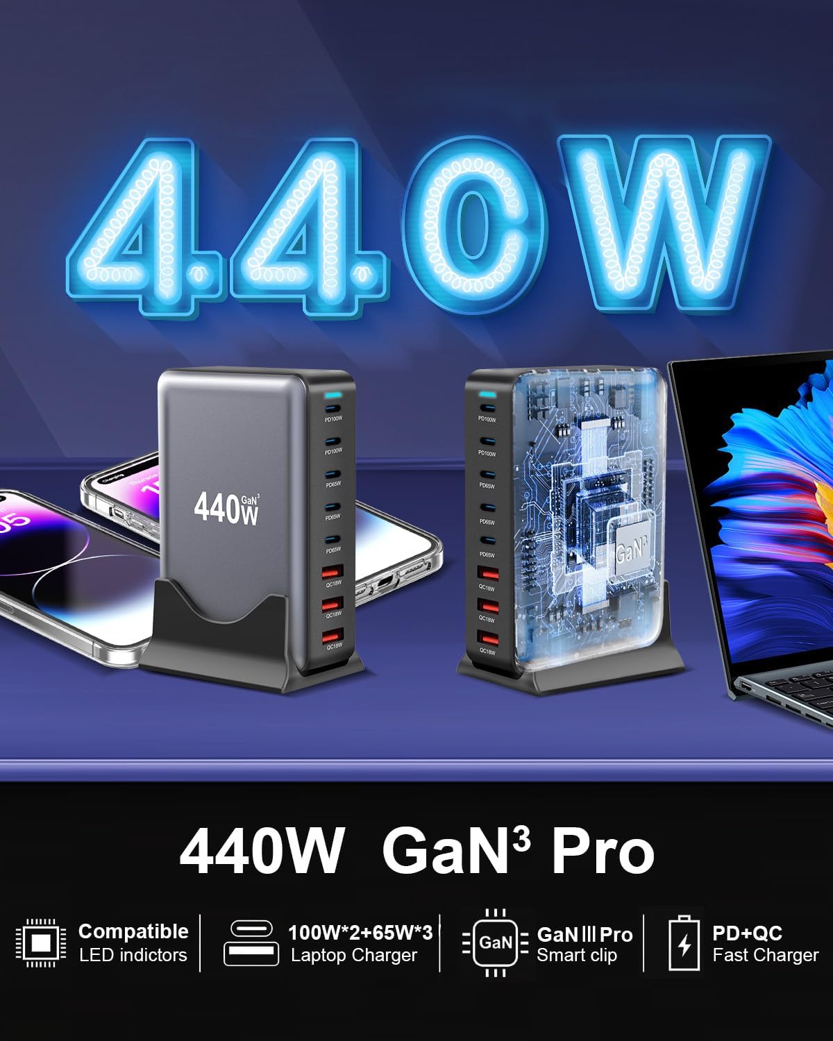 440W Fast USB C GAN Charger Block 8 Port Charging Station HUB Brick Dual PD PPS 100W Wall Charger Compatible with MacBook Pro/Air/All, iPad, iPhone 17/16/15/14/Pro Max, Android Devices etc