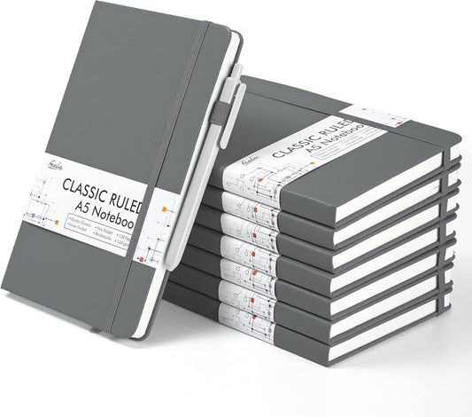 feela 8 Pack Journal Notebook Bulk for School, Hardcover Business Notebooks Classic Ruled Lined Journals with Pen Holder for Work Note Taking, with 8 Black Pens, 120 GSM, 5.1”x8.3”, A5, Gray