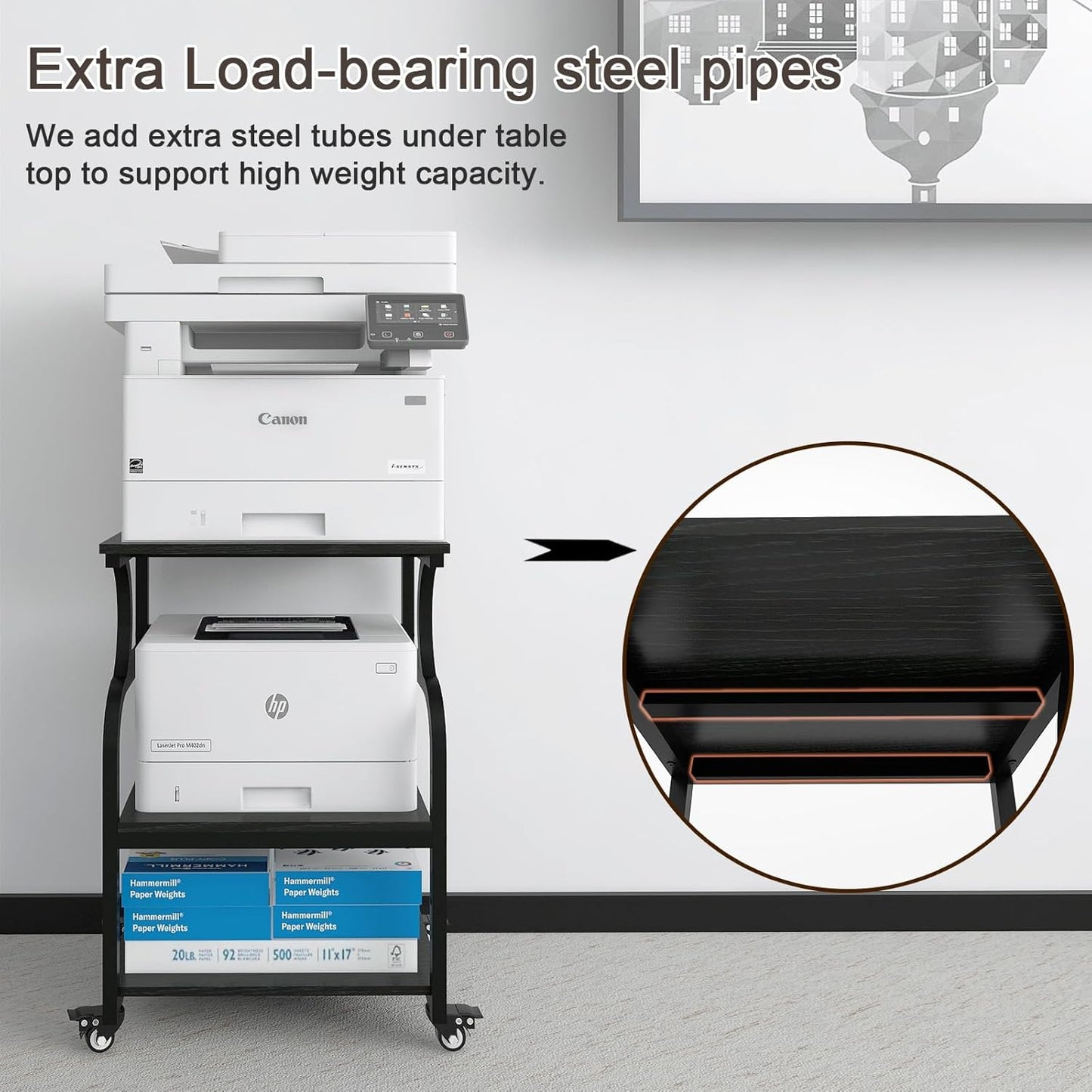 Natwind Large Printer Stand,24''x20''x29''Printer Table with Adjustable Storage Shelf,3 Tier Rolling Printer Cart with Wheels,Home Office Multifunctional Shelves for Heat Press,3D Printer (Black)