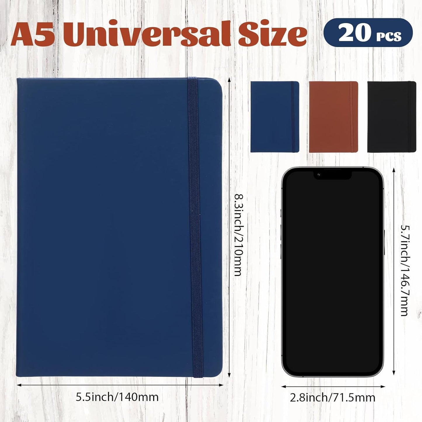 Honoson 20 Pack Lined Journal Notebooks A5 Hardcover Executive Notebook 5.5" x 8.3" PU Leather Wide Ruled Journals Bulk with Elastic Band for Home Business Office School Supplies(Black, Navy, Brown)
