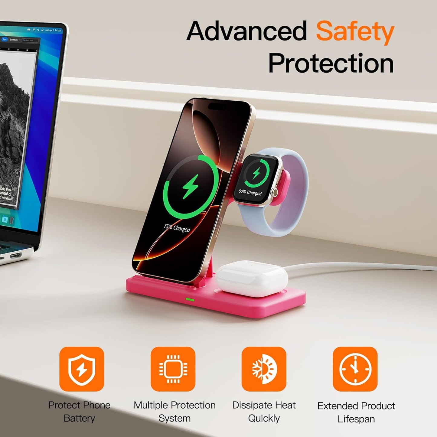 2025 3 in 1 Wireless Charger for iphone17 16 15 14 13 12 11 XR 8, Apple Charging Station for Apple Watch 10/9/Ultra/8/7/SE/6/5/4 & AirPods Series, Wireless Charging Station for Multiple Devices Apple