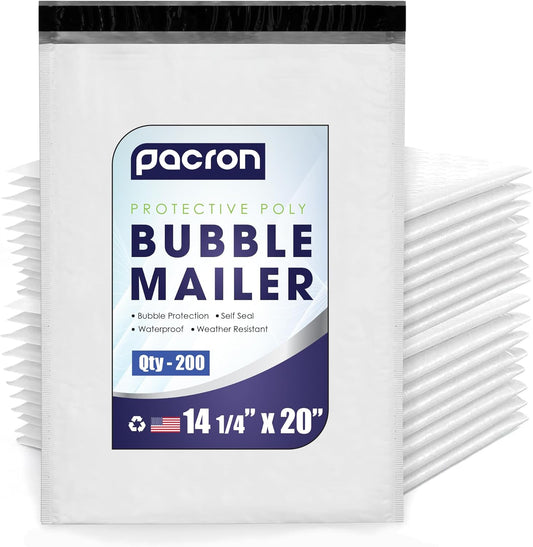 200-Pack Waterproof Poly Bubble Mailers 14.25 x 20 - Thick, Durable, Instant Seal Envelopes with Strong Adhesive - Protective Shipping Mailers for Jewelry, Cosmetics, SD Cards, USB Cables
