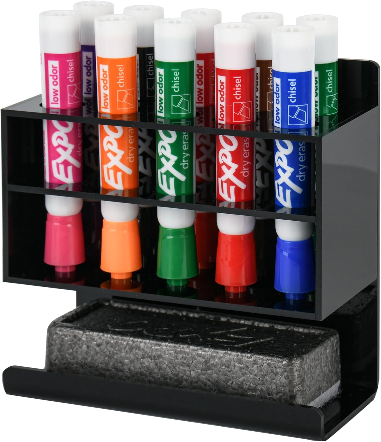Dry Erase Marker Holder, Wall Mounted Acrylic Marker Holder with 10 Slots, Sticky Pen Storage for Classroom Organization, Whiteboard, Office, Black