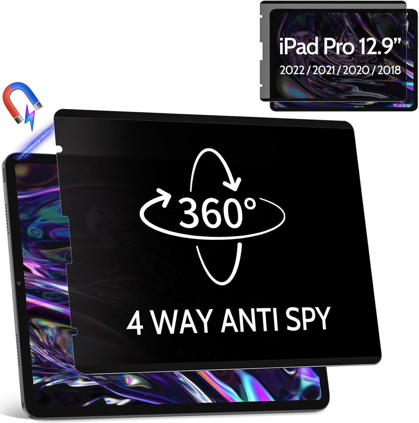 360° 4 Way Magnetic Privacy Filter for iPad Pro 12.9 Inch 2018 2020 2021 2022, Removable Anti-Glare Blue Light Matte Privacy Screen Protector, Anti-Scratch, Bubble-Free, Reusable