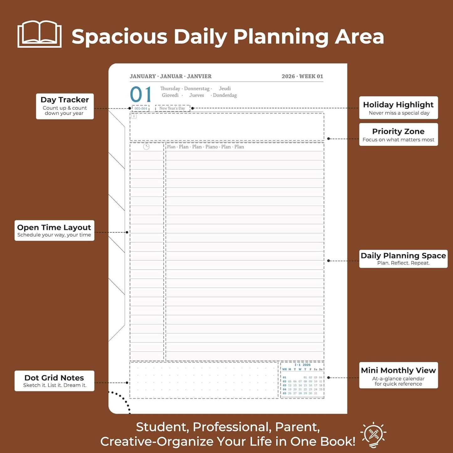 Daily Planner 2026 with One Page Per Day,(A5-8.5" x 5.9"),12 Months Calendar Hourly Appointment Book Monthly Tabs & Self-adhesive Pen Holder,Inner Pocket, Vegan Leather Hardback,Brown