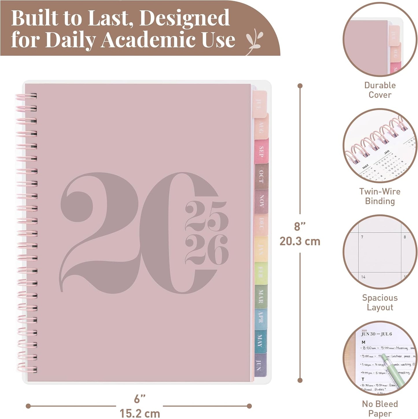 Rileys Academic Planner 2025-2026, Daily, Weekly & Monthly Planner, July 2025 - June 2026, Student Notes Pages, Twin-Wire Binding, Weekly Agenda for School & Work (8 x 6-Inches, Pink, Typographic)