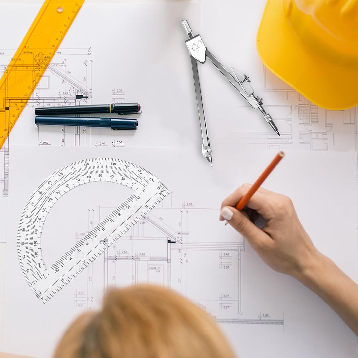 Students Geometry Math Set, Drawing Compass and 6 Inch Transparent Swing arm Protractor 180 Degree Math Protractor (Transparent)