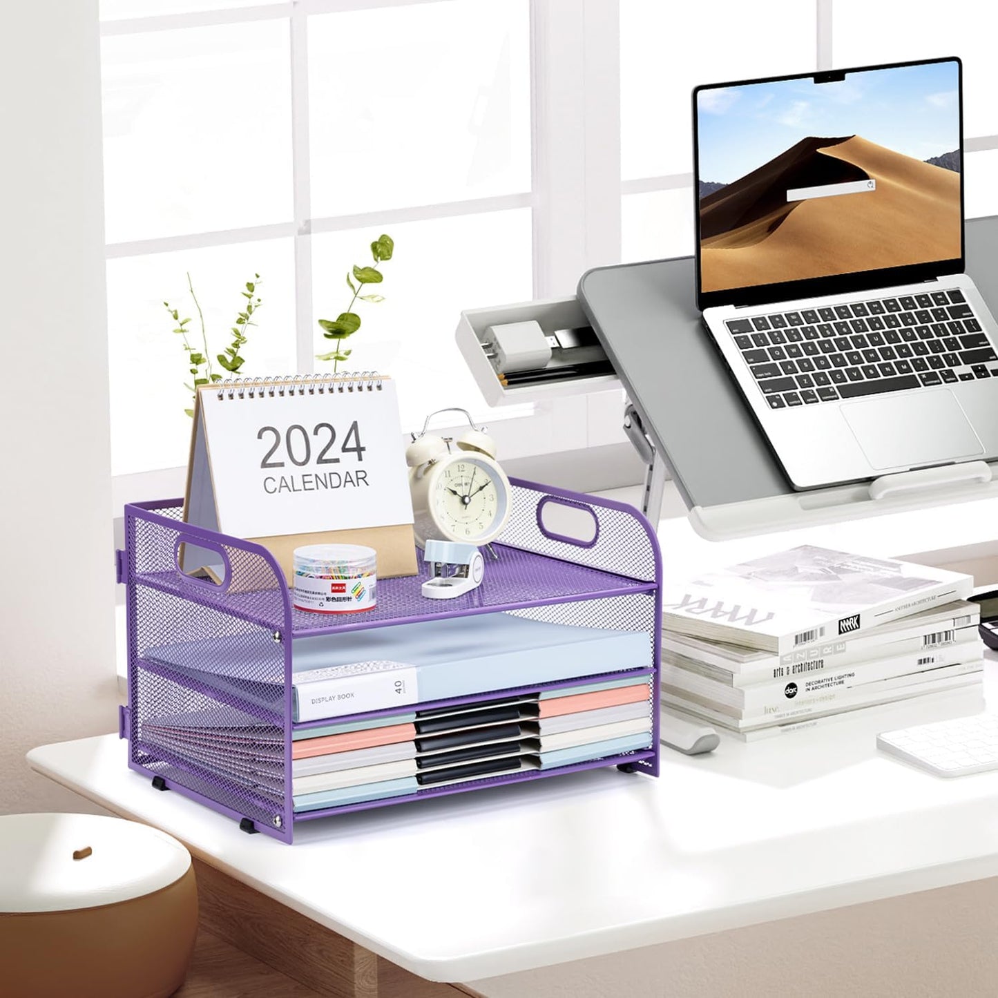 3-Tier Letter Tray Paper Organizer with Handle,Compact Mesh Desk File Organizer for Home Office Supplies Desktop Accessories,Purple