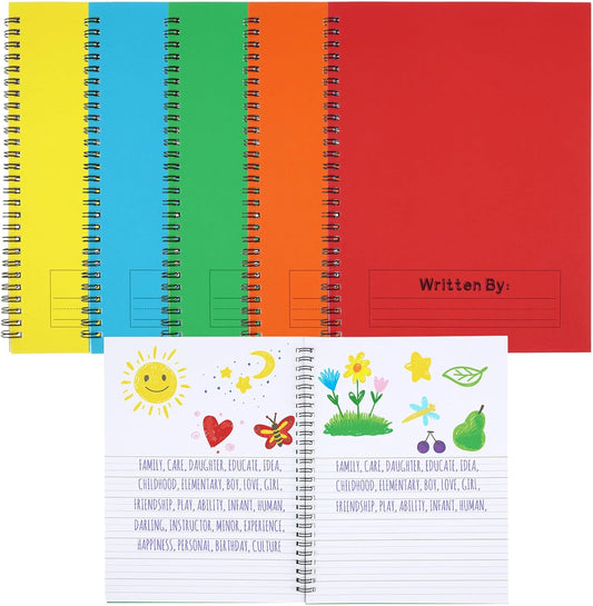 Henoyso 5 Pcs 100/50 Sheets Primary Composition Notebook K-2 Bulk Spiral Primary Journal Drawing Handwriting Practice for Kids Kindergarten 1st 2nd Back to School Supplies (Bright Color,50 Sheets)