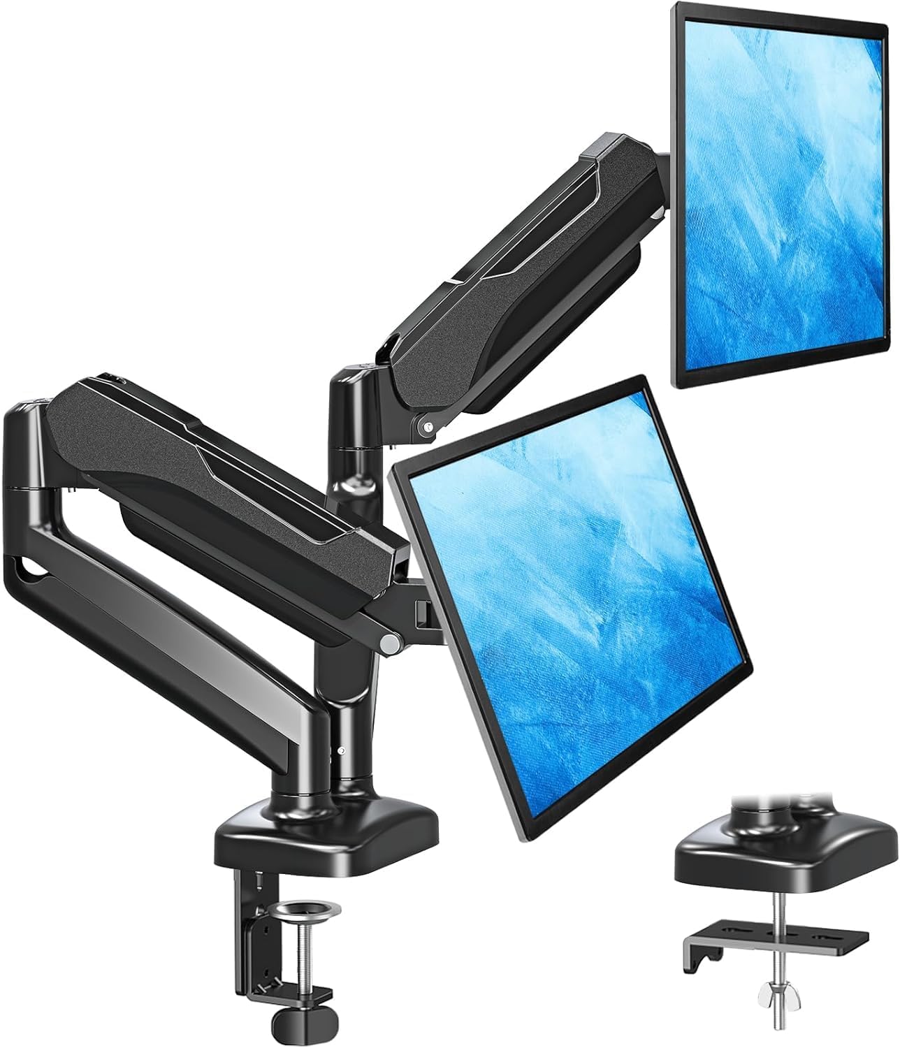 MOUNTUP Dual Monitor Stand for Desk, Pneumatic Monitor Arms for 2 Monitors 32 27 24 22 Inches, Height Adjustable Double Monitor Mount, VESA Mounts with C-Clamp & Grommet Base, Holds 4.4-17.6lbs, Black