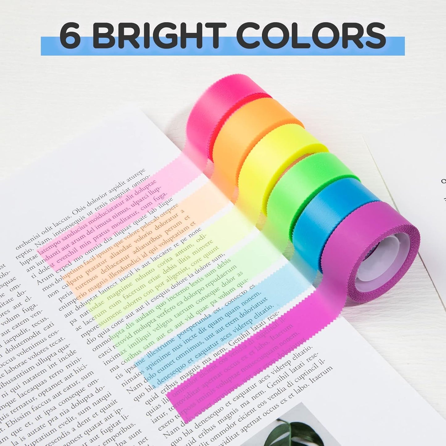 NEWEST 6 Rolls Highlighter Tapes, Removable Fluorescent Tapes Transparent Marking Sticker for Teachers Students Reading, 32 ft Per Roll, Neon