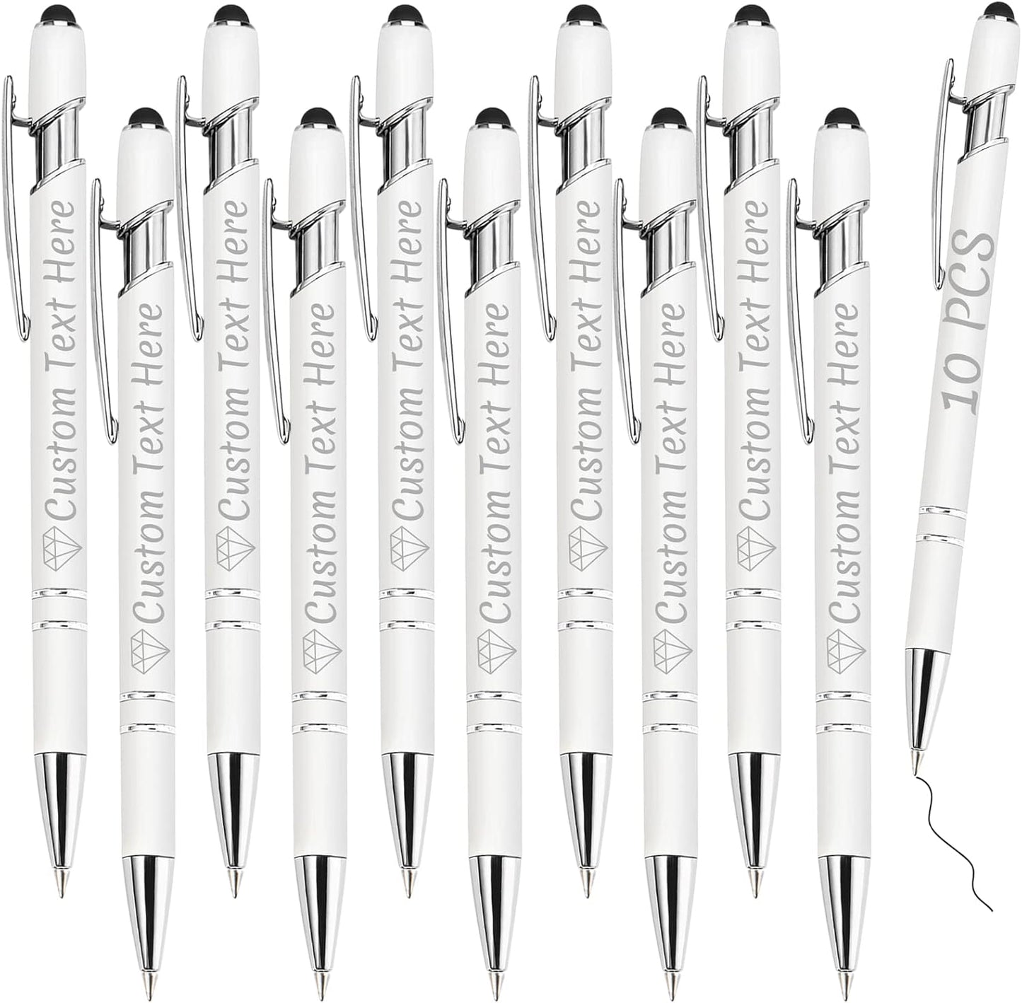 Personalized Pens Bulk 10 with Name Custom Engraving Ballpoint Pens with Stylus Tip Customized Smooth Writing Pens Personalized Gifts for Anniversary Birthday or Graduation(White,Black Ink)