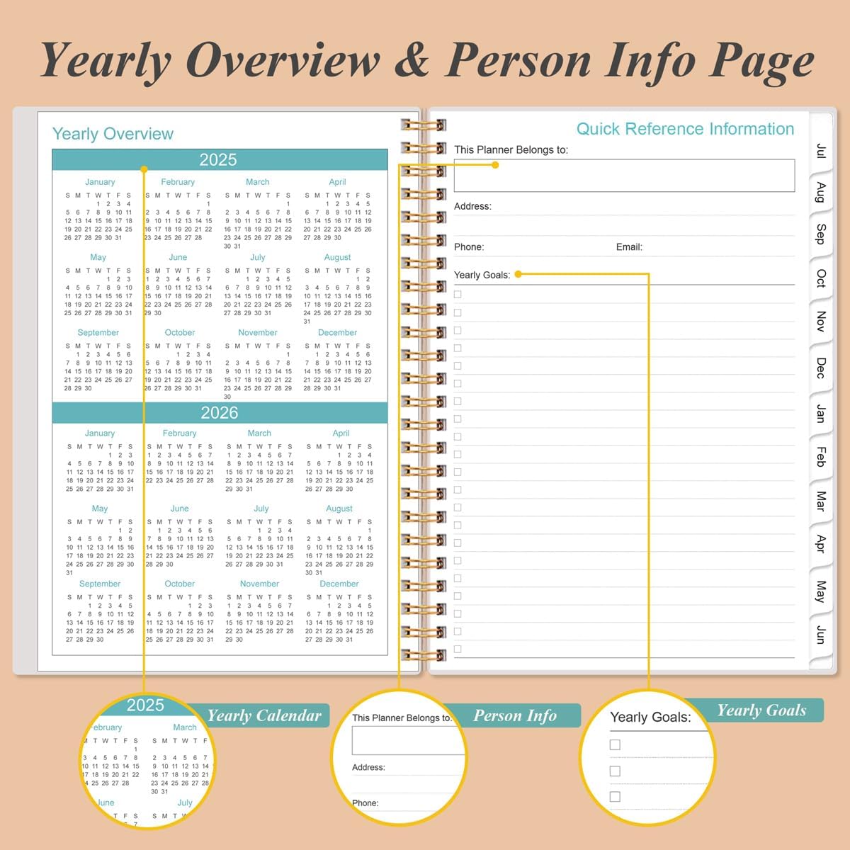 2025-2026 Daily & Monthly Planner - One Page Per Day, Daily Planner 2025-2026 from July 2025 to June 2026, Planner 25-26 with 12 Monthly Tabs, 6.4" x 8.5", Rose Leaf