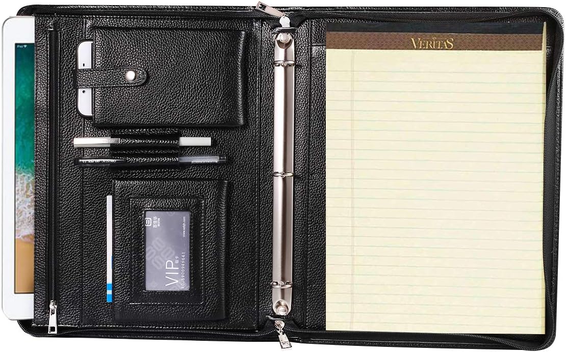 Professional Leather Business Padfolio Portfolio Case, 3 Ring Binder,Zippered Business Document Organizer Tablet Holder Folder Case,with Letter Size Notepad (black)