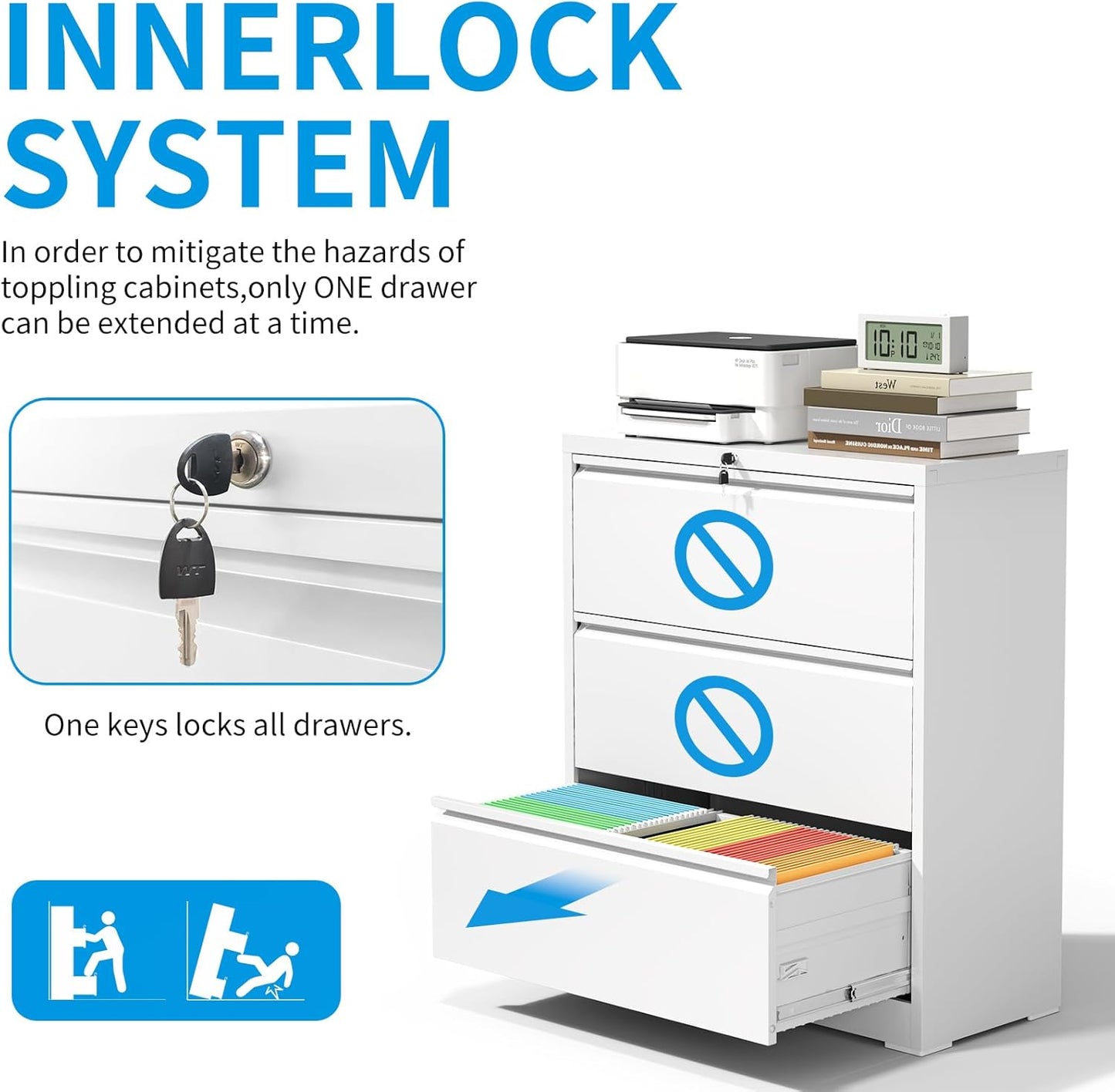 3 Drawer Lateral File Cabinet with Lock, Metal Lateral Filing Cabinet for Home Office, Steel Wide Horizontal Filing Cabinets for Letter/Legal/A4/F4 Hanging Files (White)