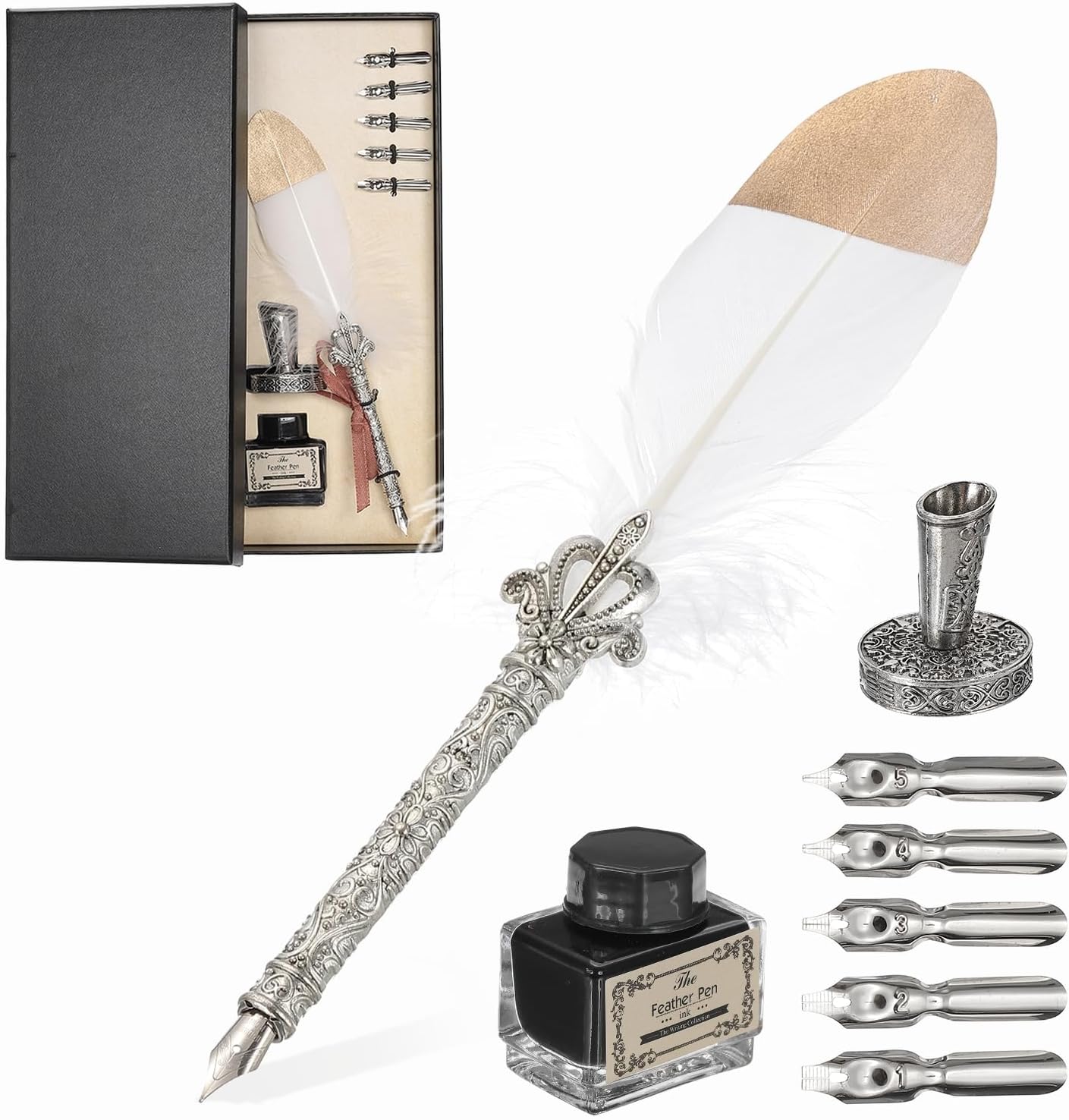 PATIKIL Feather Quill Pen Set, 1 Set Vintage Feather Calligraphy Pen Fountain Dip Pen Set with Ink, Pen Holder and Replacement Nibs for Beginner Writer Writing Gift, White