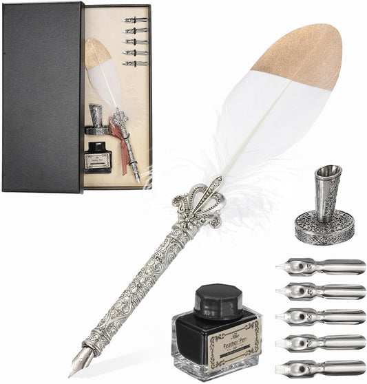 PATIKIL Feather Quill Pen Set, 1 Set Vintage Feather Calligraphy Pen Fountain Dip Pen Set with Ink, Pen Holder and Replacement Nibs for Beginner Writer Writing Gift, White