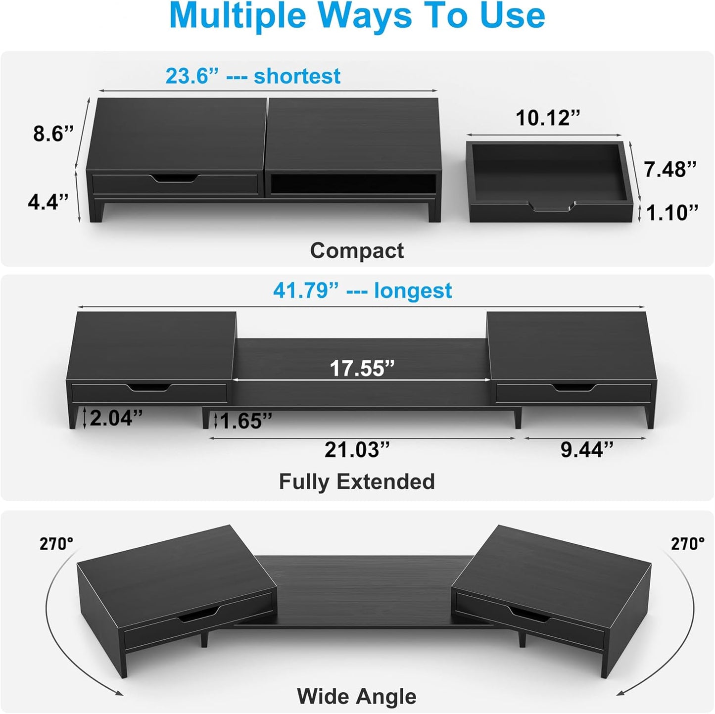 Dual Monitor Riser with Two Drawers for Desk, Bamboo Monitor Stand Riser with Storage, Desk Shelf for Computer, IMac & Laptop, No Assembly Required, Black