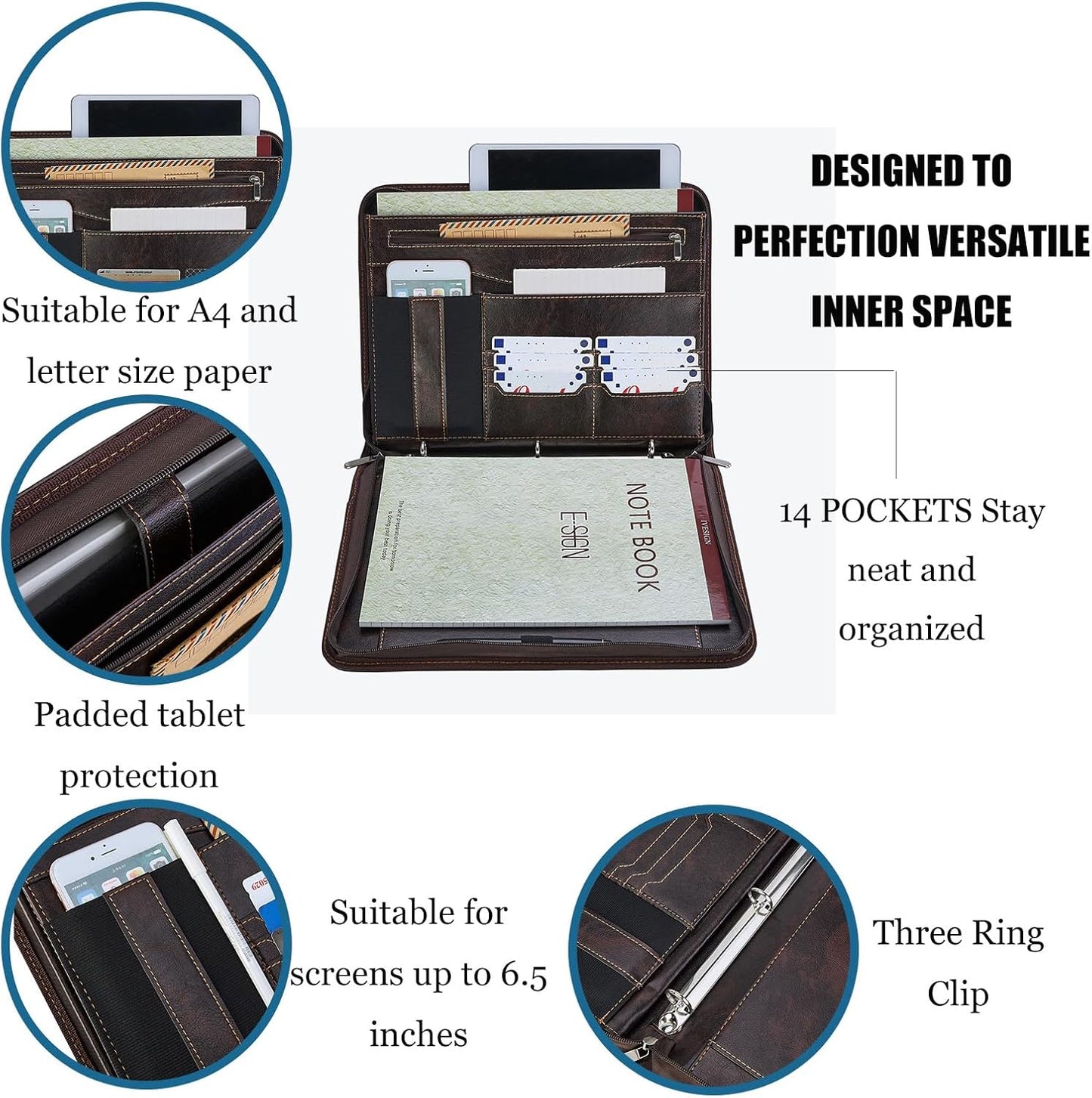 IVESIGN Zippered Padfolio Binder, Faux Leather Organizer with 3-Ring Binder, Left-Handed Design, Business Card Slots & Document Folders - Professional Padfolio for Office (Dark Brown)