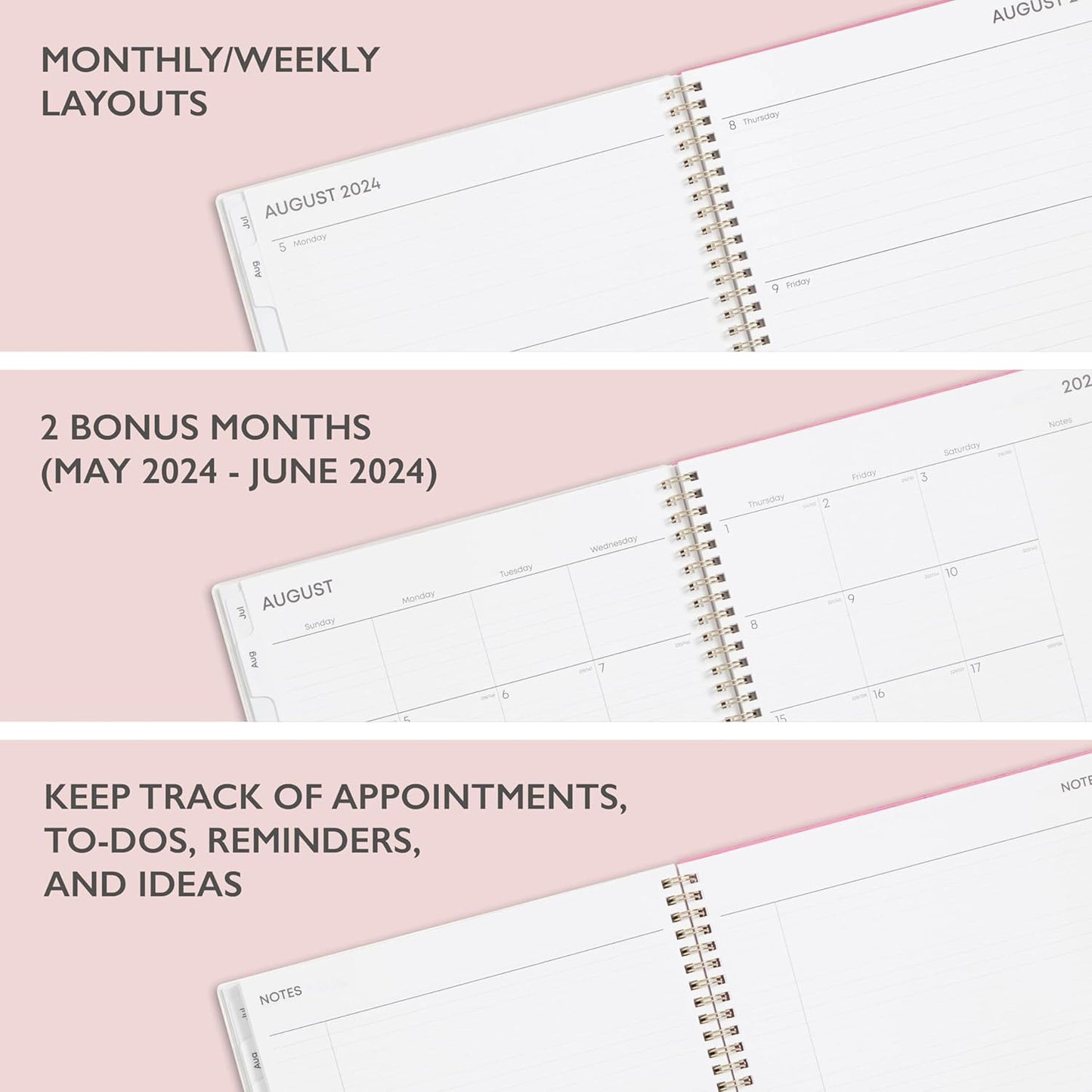 Blue Sky 2024-2025 Academic Year Weekly and Monthly Planner, July 2024 – June 2025, 8.5" x 11", Frosted Flexible Cover, Wirebound, Roosevelt Pink (150150)