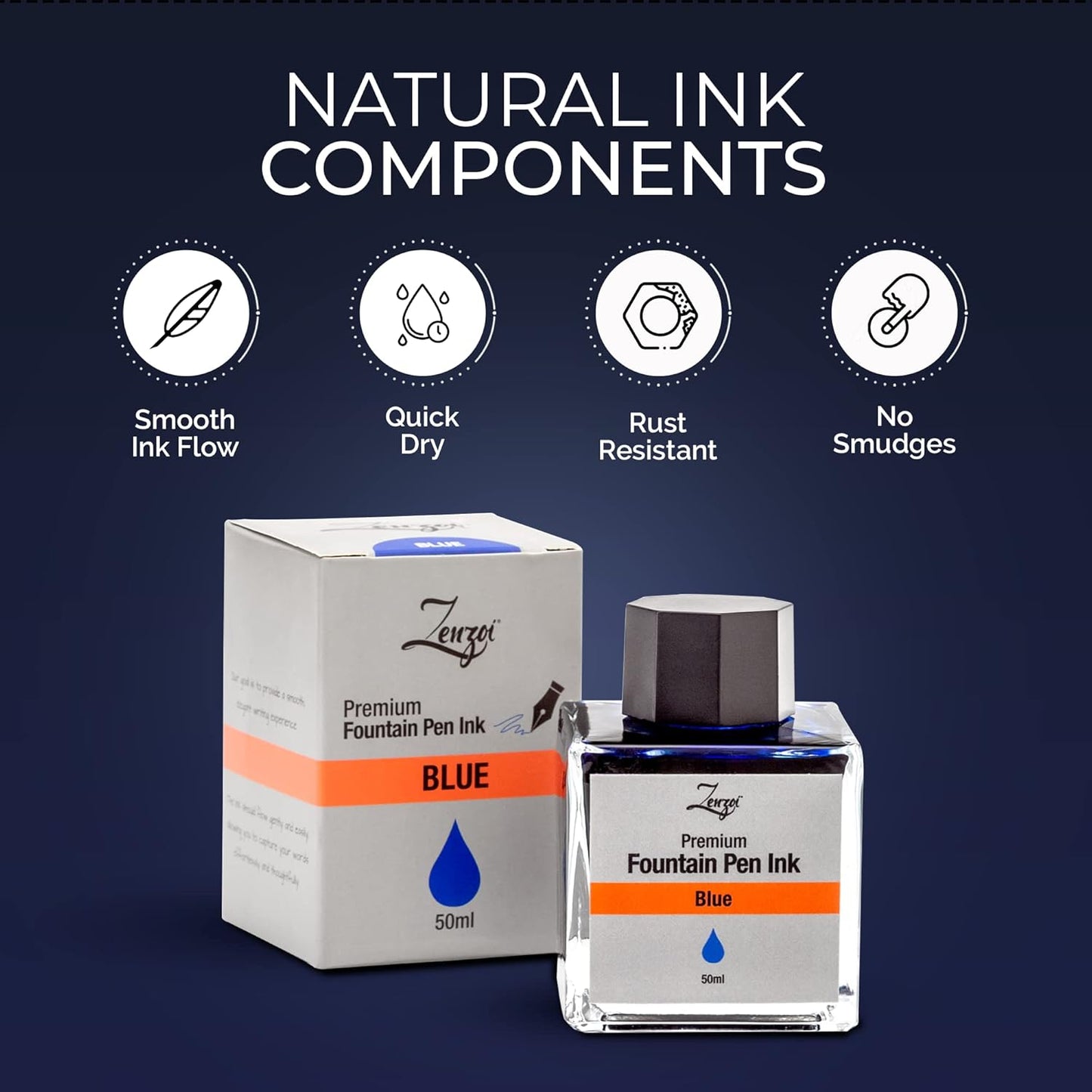 ZenZoi Fountain Pen Ink Bottle - Blue 50ml Bottle - Quick Drying, Smooth Writing, Rich Color - Glass Bottle - Ink for Fountain Pen Bottle (Blue)