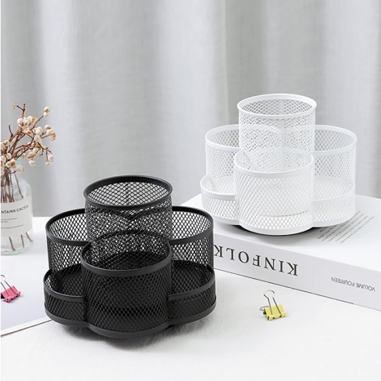 360 Rotatable Metal Mesh Desktop Stationery Organizer Pen Pot Makeup Brush Organizer for Home School Office (White)