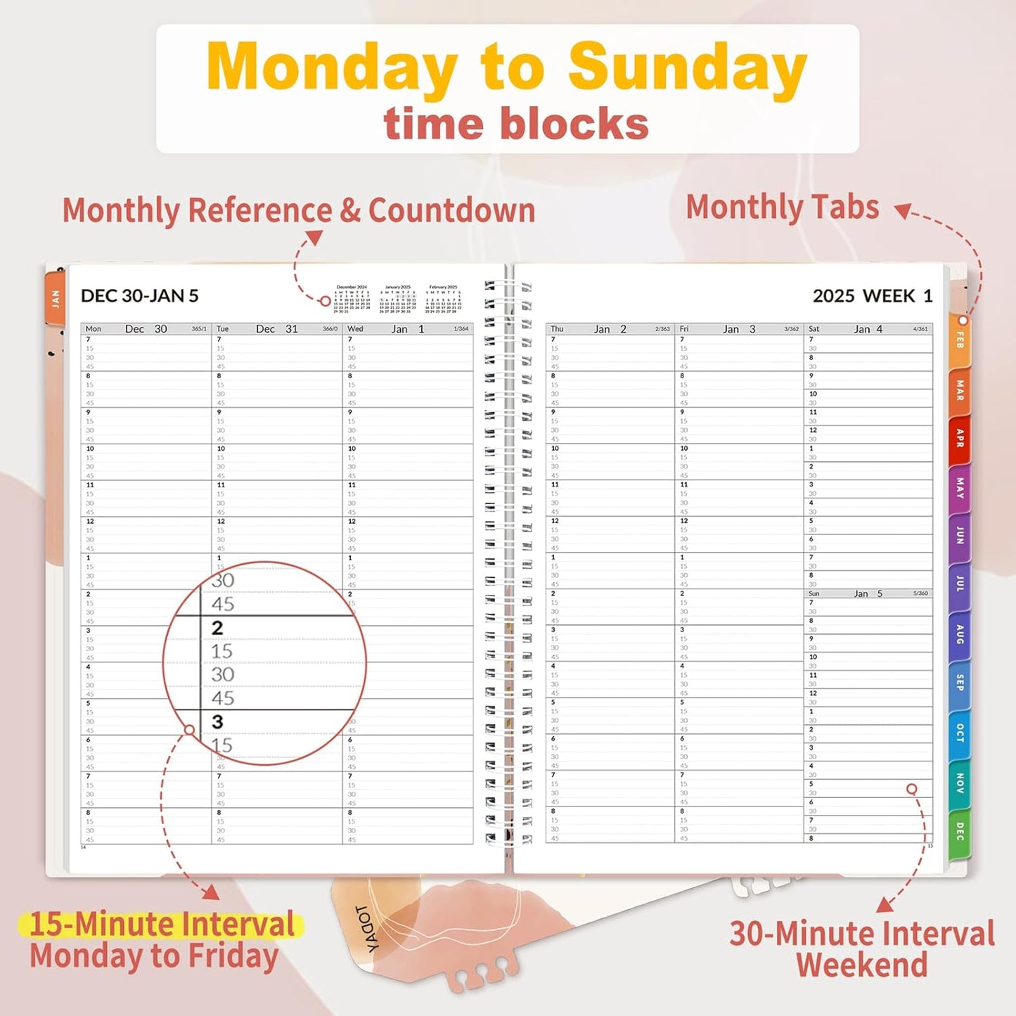 SUNEE 2026 Appointment Book, Quarter-Hourly, Weekly & Monthly - from January 2026 - December 2026, 8.5"x11" Weekly Planner, Flexible Cover, Note Pages, Pockets, Bookmark, Spiral Binding, Pink Breeze