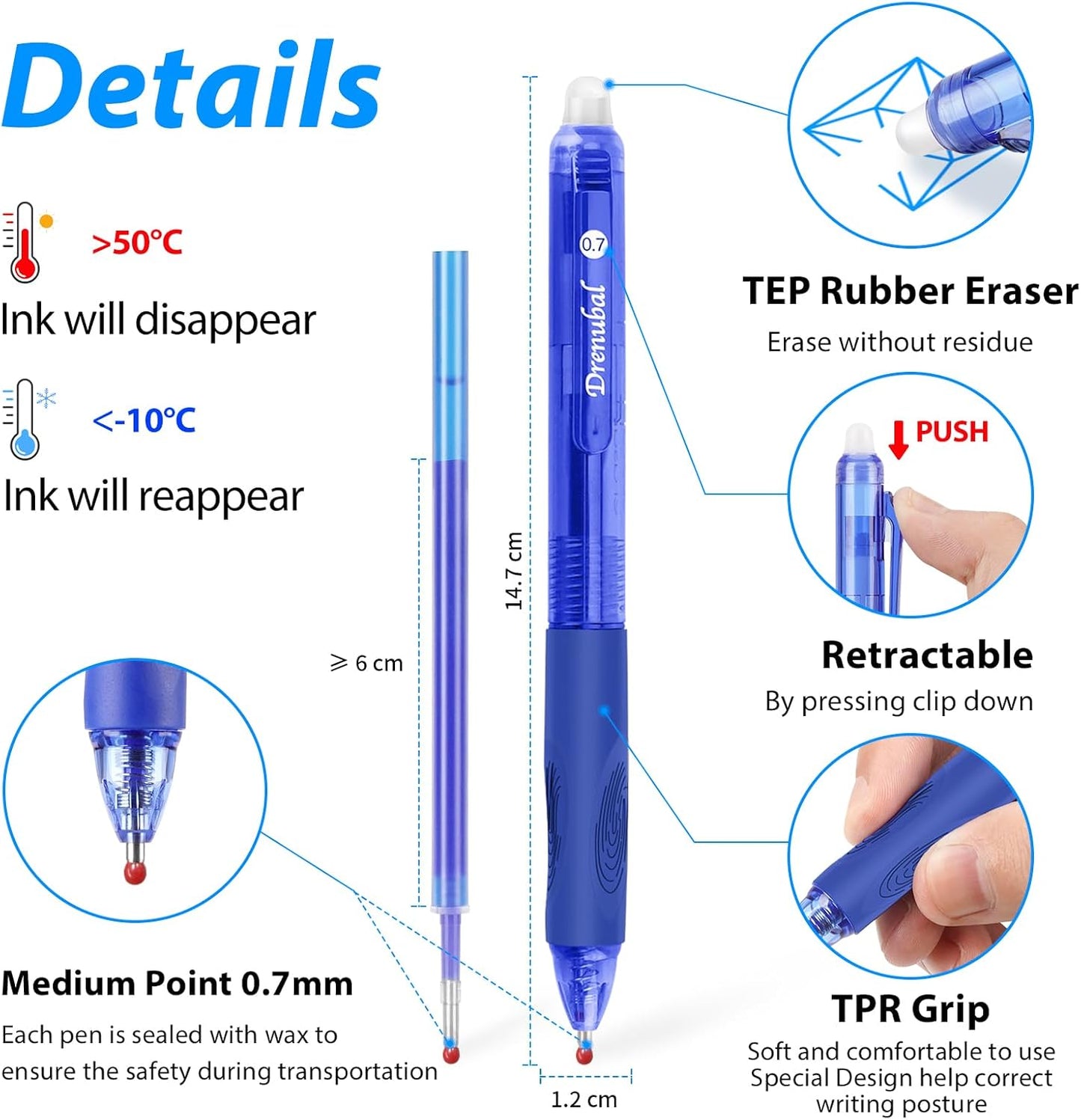 Erasable Pens 0.7mm - Black & Blue Gel Ink, Quick-Drying, Comfort Grip Writing Pens for School, Office, Exams - Gift Set for Students, Kids & Artists